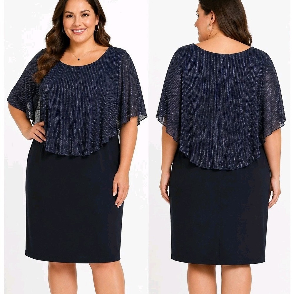 Connected Apparel Women's 14W Navy Shimmer Overlay Dress Cape Sleeve Party Midi - Picture 1 of 7